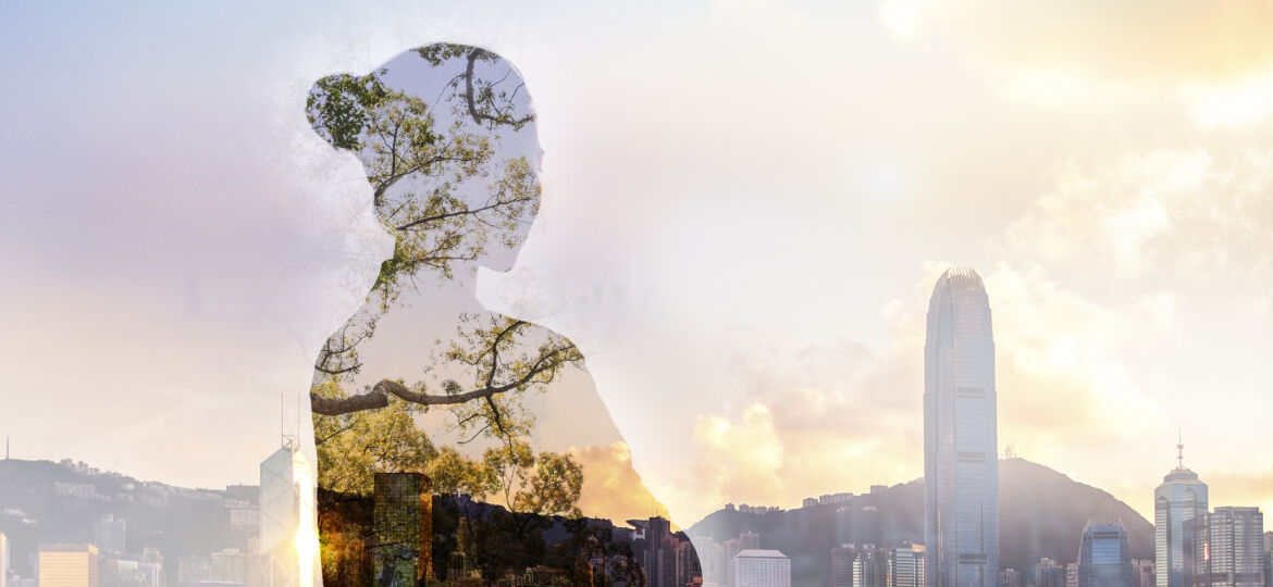 Chinese adult woman person standing with ideas in shadow contemplation mindfulness in urban Hong Kong city reflection with nature trees, waist up, rear view, behind, multi-layered effect, composite image,